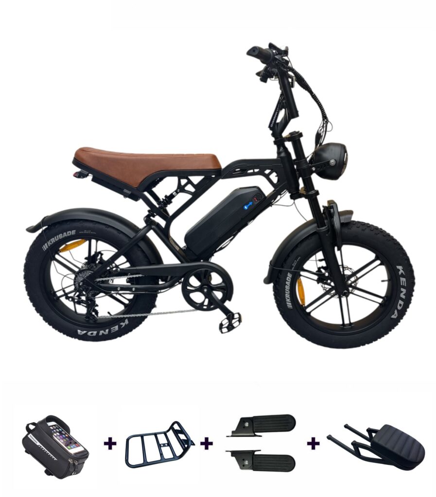 V20 Pro fatbike zwart met luxe bruin zadel inclusief graties accesoires