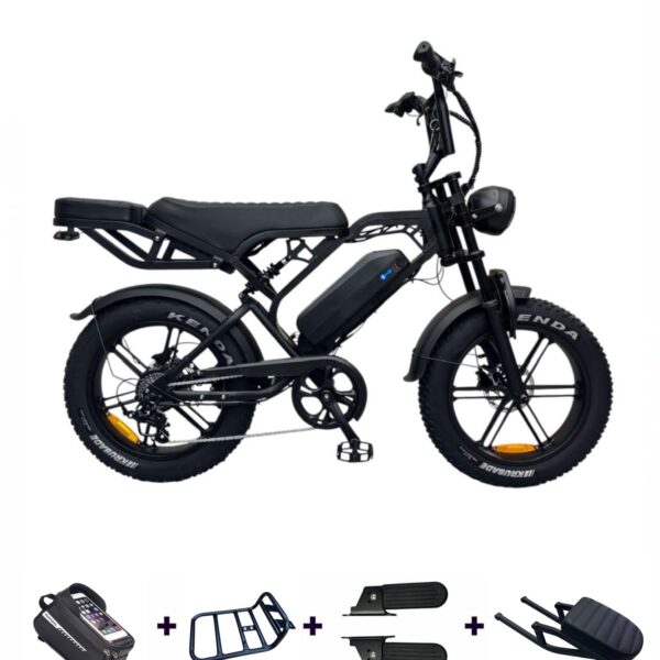 QMWHEEL V20 Pro fatbike inclusief accessoires zoals achterzitje, voorrek en fietstas