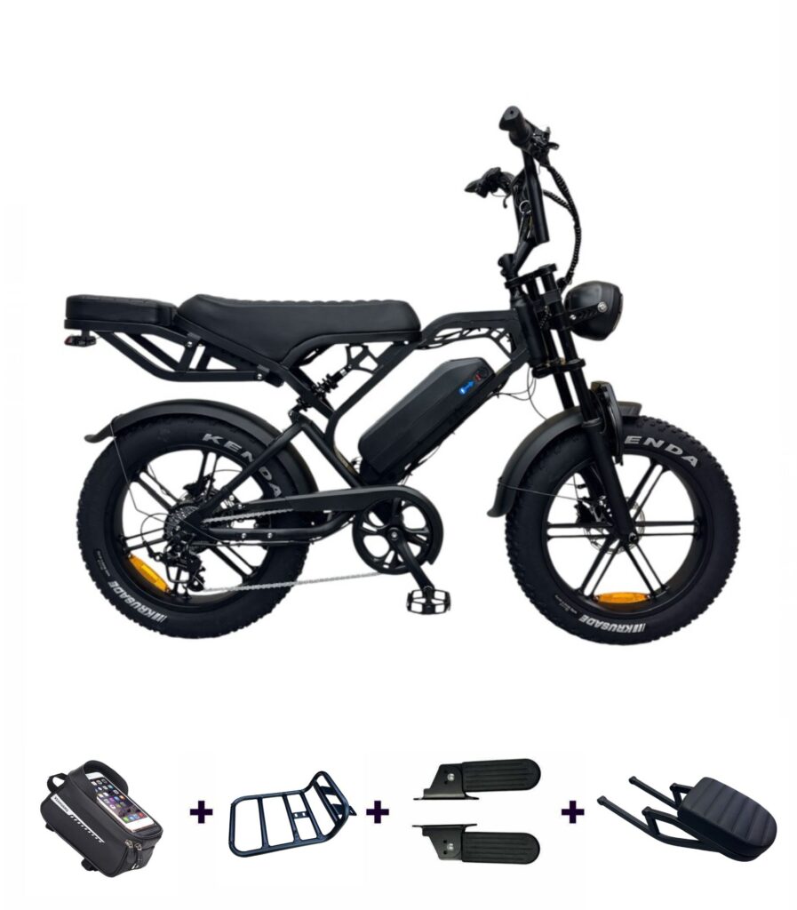 QMWHEEL V20 Pro fatbike inclusief accessoires zoals achterzitje, voorrek en fietstas