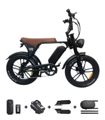 OUXI V8 Fatbike Bruin Zadel met alle gratis accesoires die zijn inbegrepen in de deal