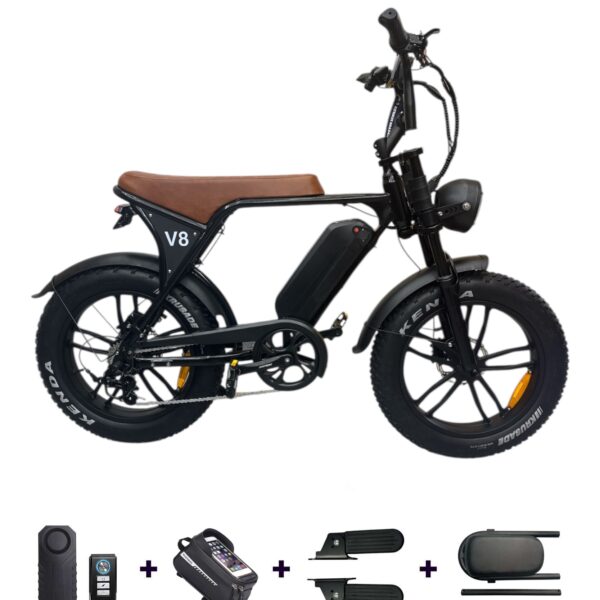 OUXI V8 Fatbike Bruin Zadel met alle gratis accesoires die zijn inbegrepen in de deal