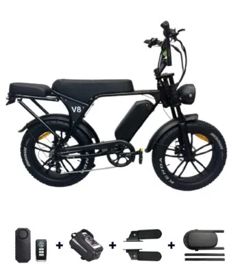 OUXI V8 Fatbike met alle gratis accesoires die zijn inbegrepen in de deal