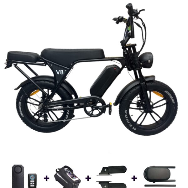 OUXI V8 Fatbike met alle gratis accesoires die zijn inbegrepen in de deal