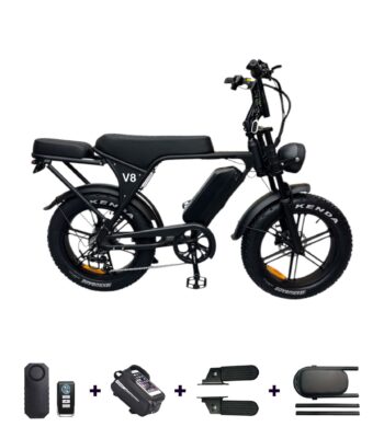 OUXI V8 Fatbike met alle gratis accesoires die zijn inbegrepen in de deal