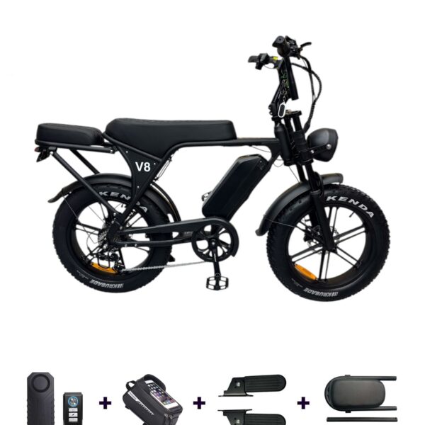 OUXI V8 Fatbike met alle gratis accesoires die zijn inbegrepen in de deal