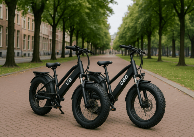 Twee fatbikes, de Ouxi V8 en de Ouxi C80, waar de verschillen te zien zijn