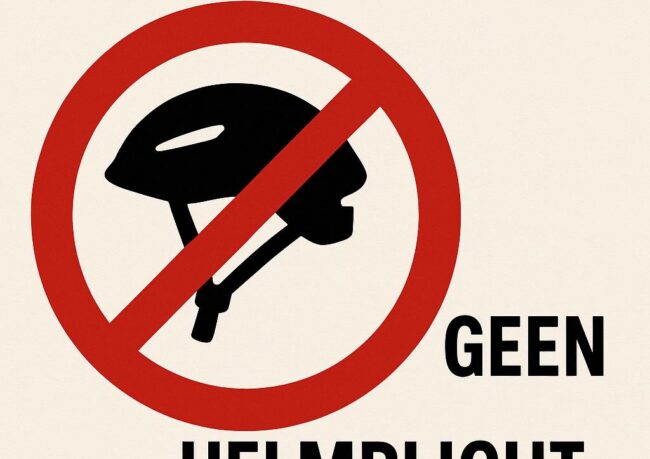 Illustratie van een fietshelm met een rood kruis erdoorheen – uitleg over Fatbike helmplicht in Nederland