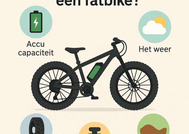 Infographic met een fatbike en iconen die de belangrijkste factoren tonen die de actieradius beïnvloeden, zoals accu capaciteit, weer, bandenspanning, gewicht en ondergrond