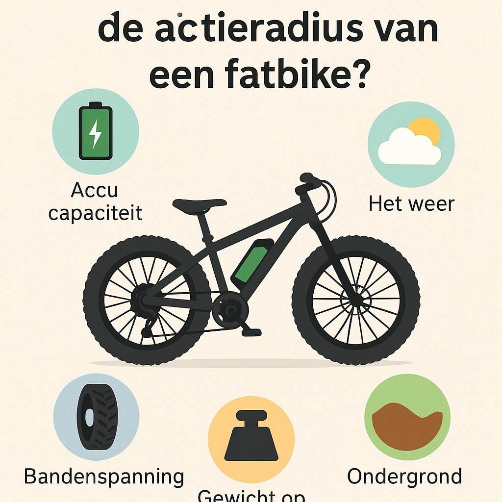 Infographic met een fatbike en iconen die de belangrijkste factoren tonen die de actieradius beïnvloeden, zoals accu capaciteit, weer, bandenspanning, gewicht en ondergrond
