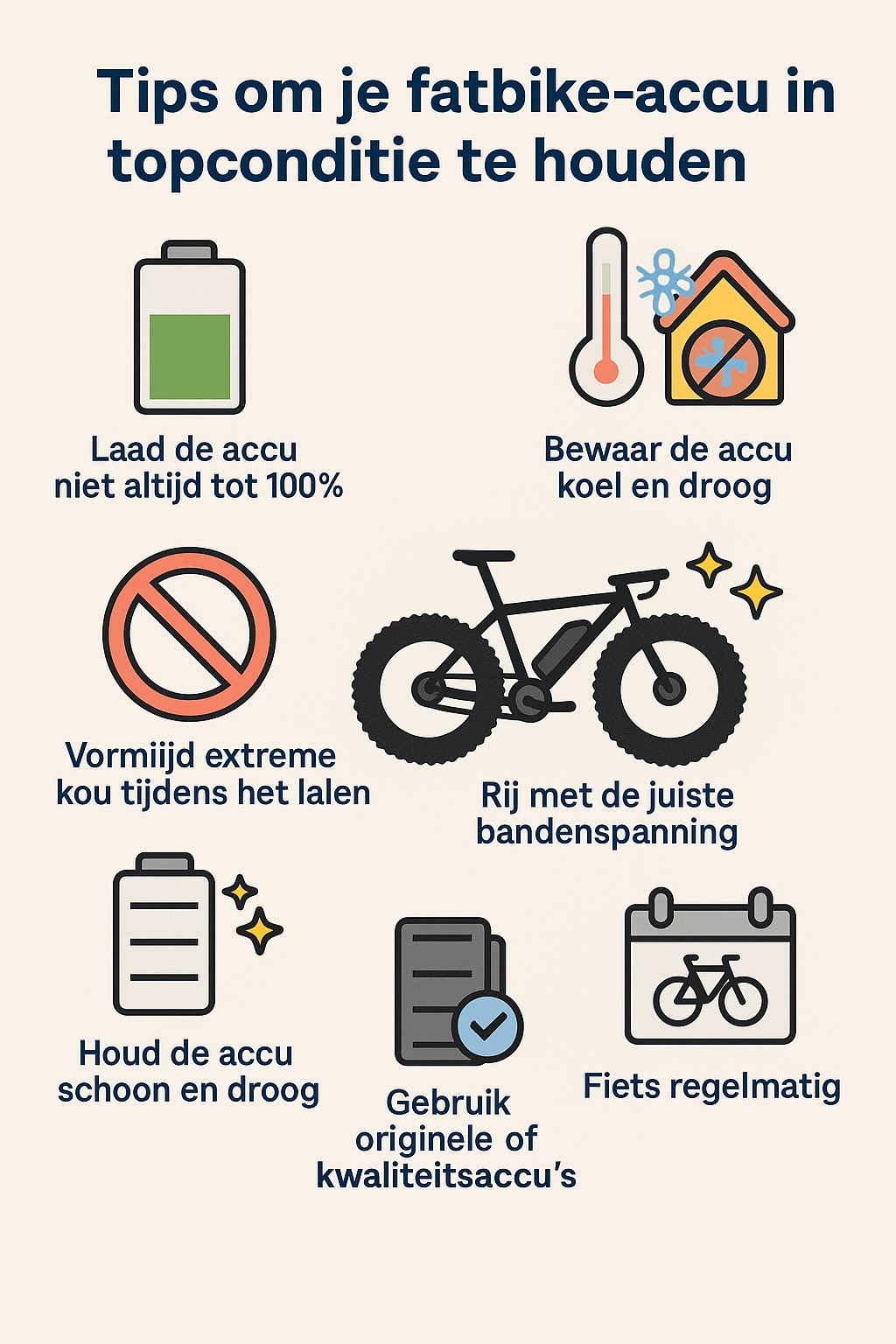 Infographic met tips om een fatbike-accu in topconditie te houden, met iconen voor laden, opslag, temperatuur, bandenspanning, onderhoud en gebruik