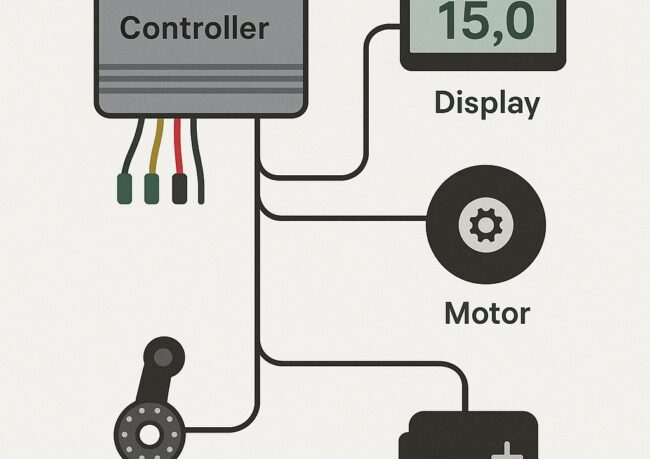Schematische weergave van een fatbike controller met aansluitingen naar motor, display, trap­sensor en accu – uitleg hoe een fatbike controller werkt.