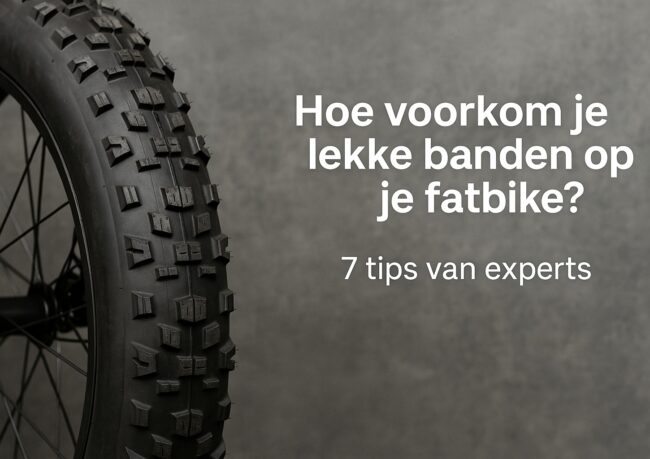 Close-up van een fatbike noppenband met tekst ‘Hoe voorkom je lekke banden op je fatbike? – 7 tips van experts’, gebruikt als headerafbeelding voor een blog over het voorkomen van lekke fatbike banden