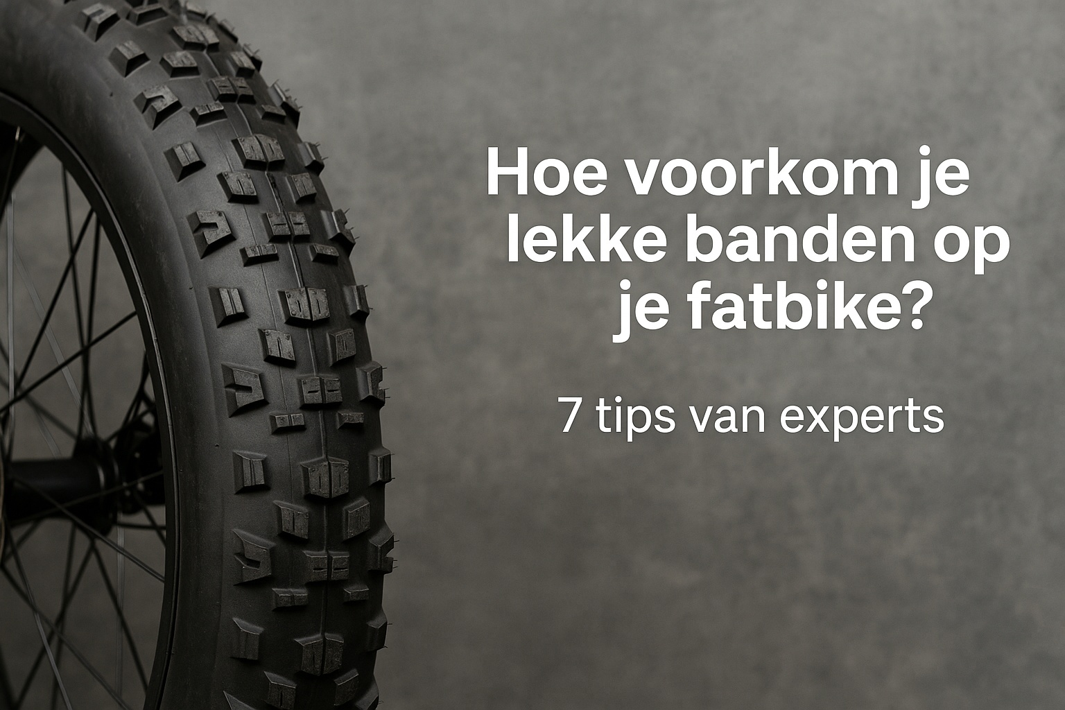 Close-up van een fatbike noppenband met tekst ‘Hoe voorkom je lekke banden op je fatbike? – 7 tips van experts’, gebruikt als headerafbeelding voor een blog over het voorkomen van lekke fatbike banden
