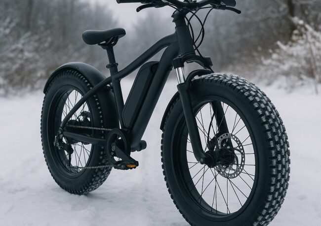 Fatbike met brede winterbanden en hydraulische remmen op een besneeuwd pad, klaar voor veilig rijden in koude omstandigheden