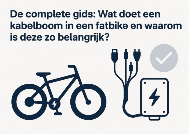 Illustratie van een fatbike met kabelboom en controller, gebruikt als headerafbeelding voor blog over de functie en het belang van de kabelboom in een fatbike.