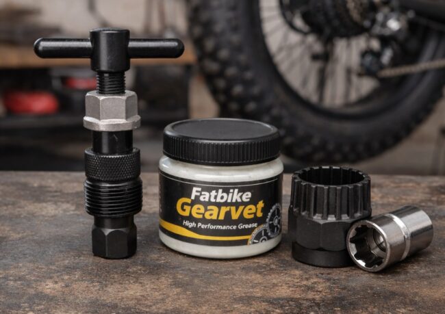 Onmisbaar gereedschap voor fatbike reparaties zoals cranktrekker, gearvet en freewheel afnemer