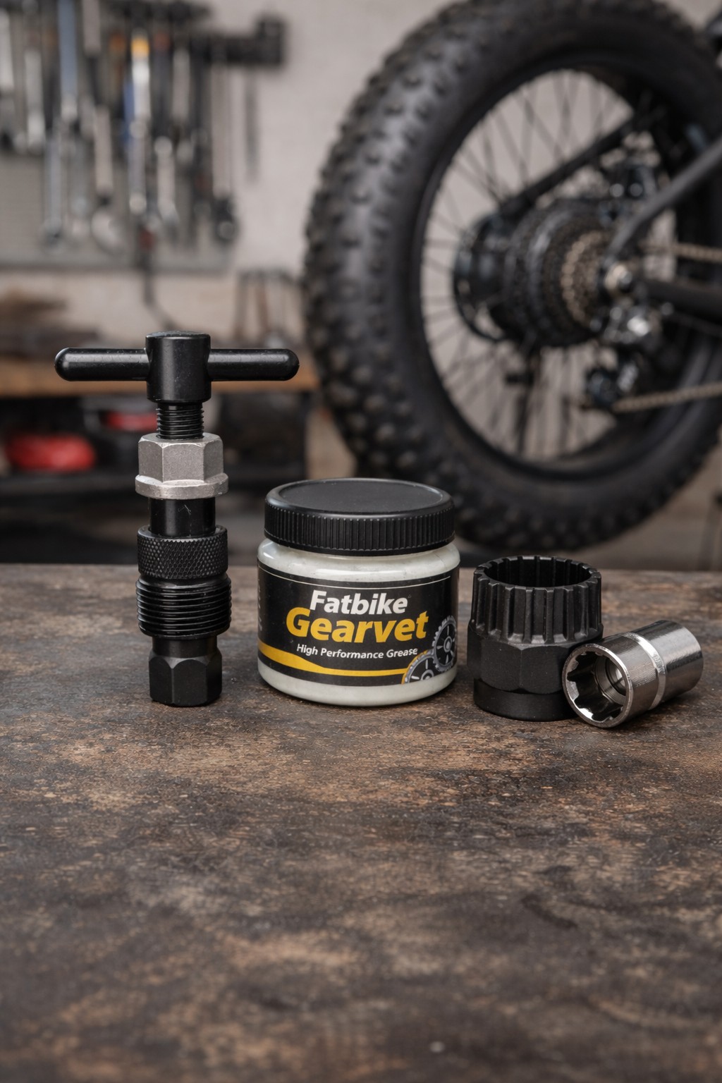 Onmisbaar gereedschap voor fatbike reparaties zoals cranktrekker, gearvet en freewheel afnemer