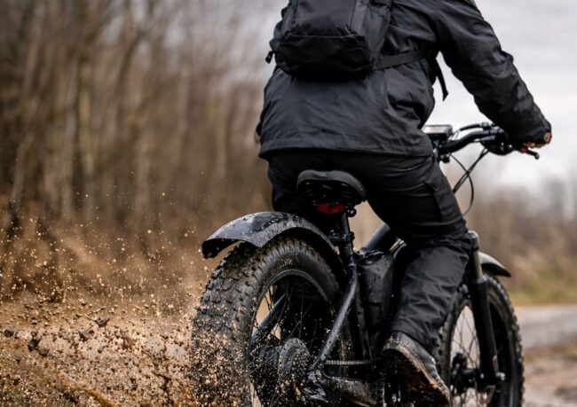 Fatbike met spatbord rijdt door regen en modder in Nederland