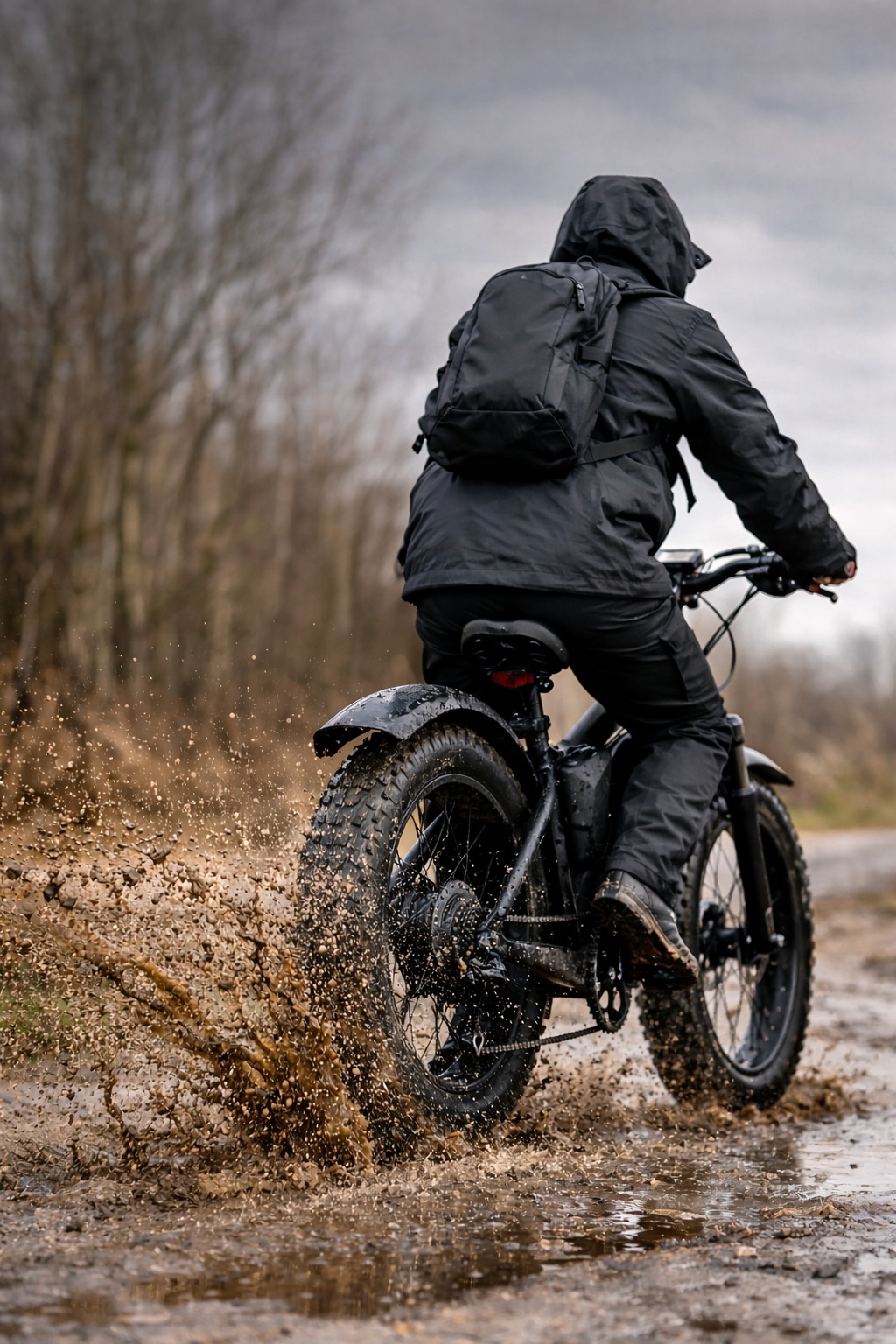 Fatbike met spatbord rijdt door regen en modder in Nederland